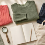 Folded unbranded clothes, a canvas tote, magnifying glass and blank notebook arranged for thoughtful fashion shopping.