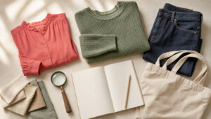 Folded unbranded clothes, a canvas tote, magnifying glass and blank notebook arranged for thoughtful fashion shopping.